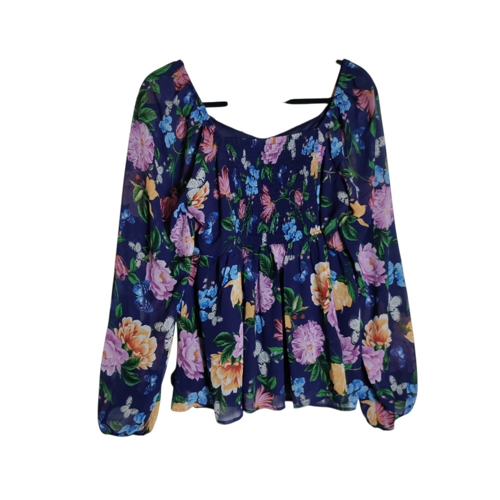 Torrid Peplum Chiffon Long Sleeve Top Butterfly Garden Floral Navy 00 M/L